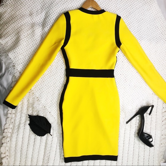 Yellow black bandage dress women’s XS long sleeve - Picture 3 of 8